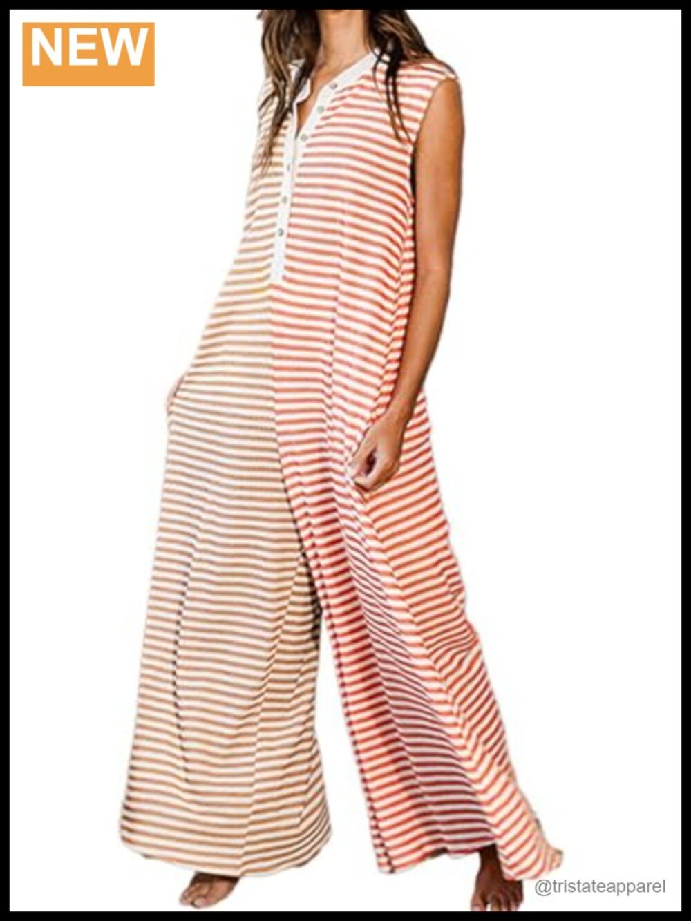 Wide Leg Striped Jumpsuit Sleeveless Button Front Loose Loungewear
